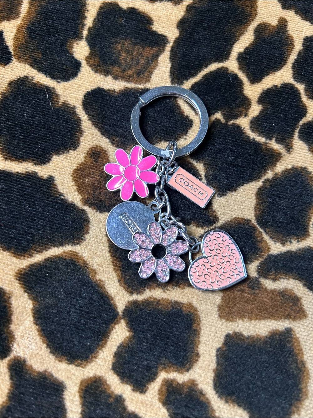 COACH Pink Floral & Heart Charm Keychain with Logo Tag